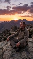 Mature Caucasian man sitting on rocky mountain peak during golden hour sunset with dramatic sky and desert landscape for meditation and outdoor adventure concepts.