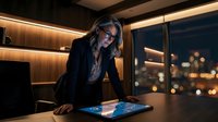 Young woman with long dark hair and glasses, wearing dark business attire, leaning over illuminated digital tablet at modern office desk with city lights visible through windows at night.