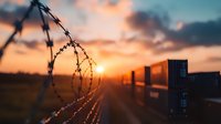 Barbed wire fence silhouette against dramatic sunset sky, creating boundary with shipping containers in background. Security concept for border control.