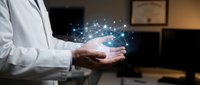 Professional in white coat holding glowing digital network connections in cupped hands representing healthcare technology innovation and medical data connectivity.