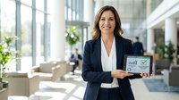 Professional businesswoman presenting digital tablet with financial charts and graphs in modern corporate office lobby for business presentations.