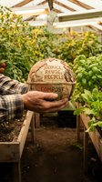 Senior gardener holding compost ball with reduce reuse recycle message in greenhouse with tomato plants for sustainable organic farming and eco-friendly agriculture.