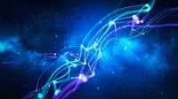 Futuristic digital network connections with glowing blue and purple light trails flowing through cosmic space background for technology concepts.