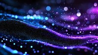Glowing wave of particles with blue and purple bokeh lights on dark background creates futuristic digital landscape for technology and science designs.