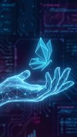 Glowing blue holographic hand releasing geometric butterfly in futuristic digital environment with neon lights and circuit board patterns in background.