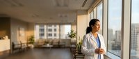 Professional African American female doctor in white coat standing by hospital window, looking thoughtfully at city view during golden hour lighting.