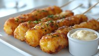 Golden crispy potato croquettes on wooden skewers with creamy dipping sauce, garnished with fresh herbs on white plate for appetizer menu design.