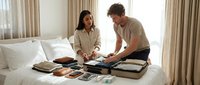 Young couple packing suitcases on bed for travel, organizing clothes and belongings for vacation or relocation in bright bedroom.