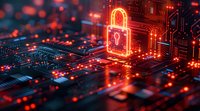 Glowing red padlock icon on circuit board representing cybersecurity, data protection, and digital information safety in technology environment.
