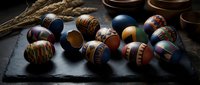 Artisan chocolate bonbons with decorative patterns on dark slate surface. Gourmet confectionery display for luxury dessert marketing and culinary presentations.