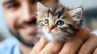 Adorable fluffy kitten with bright blue eyes and multicolored fur being gently held in caring hands, close-up portrait showing innocent expression and soft features.