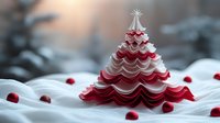 Red and white paper Christmas tree with star on snowy surface surrounded by cranberries, holiday crafting and seasonal decoration concept.