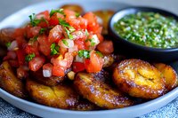 Fresh tomato salsa with chopped cilantro served alongside caramelized sweet plantains and green sauce in ceramic bowls on textured background, Latin American cuisine.