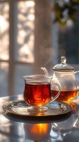 Steaming hot black tea in glass cup and teapot on vintage silver tray with natural window light and shadow patterns creating cozy morning atmosphere.