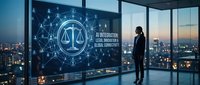 Professional businesswoman silhouette viewing AI integration legal technology display in modern office overlooking city skyline at dusk.