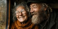 Joyful elderly couple embracing and smiling warmly together, showcasing love and happiness in golden years with cozy winter clothing and authentic expressions.