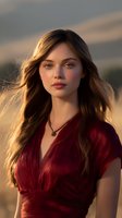 Young Caucasian woman with long brown hair in burgundy dress poses at golden hour sunset, wind gently blowing her hair, natural makeup and pendant necklace create romantic mood.