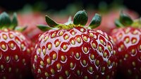 Fresh ripe strawberry with distinctive pattern of seeds on red surface, extreme macro photography showing detailed texture and natural organic structure.