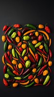 Colorful assorted hot chili peppers arranged on dark background. Fresh spicy vegetables including jalapeno, habanero, serrano varieties for cooking and seasoning.
