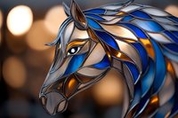 Artistic horse head with blue and silver geometric mosaic pattern against blurred bokeh background, stylized metallic equine portrait with flowing mane.