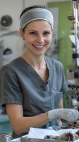 Smiling female veterinarian in gray scrubs and headband examining small animal patient in modern clinic setting. Professional medical staff at work in veterinary hospital.