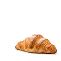 Fresh golden croissant with flaky pastry layers dusted with powdered sugar isolated on white background for bakery and breakfast designs.