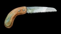Vintage folding saw with wooden handle and serrated metal blade, isolated on transparent background, ready for clipart, print-on-demand designs, t-shirt graphics, stickers, and sublimation projects.