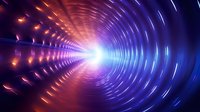 Futuristic tunnel with glowing neon lights creating spiral motion effect. Digital technology background with purple blue orange gradient colors for sci-fi designs.