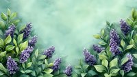 Purple lilac flowers and green leaves frame bottom border against soft mint green watercolor background, creating romantic spring garden composition.