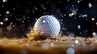 Golf ball splashing in sand bunker with dramatic water droplets and particles flying through air creating dynamic sports action scene.