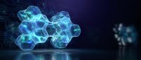 Glowing blue hexagonal molecular structure floating above reflective surface with digital network connections in dark futuristic environment for technology concepts.