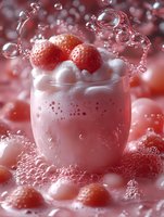 Fresh raspberry milkshake with whipped cream and whole berries in glass, splashing liquid and water drops on pink background, cold summer drink.