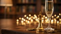 Elegant champagne flute filled with sparkling wine on wooden table with warm golden bokeh lights creating luxurious celebration atmosphere for holidays and events.