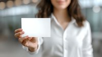 Young woman in white shirt holding blank business card in modern office environment with blurred background.
