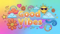 Good vibes text with colorful doodle elements including sun, clouds, flowers and hearts on gradient background for positive motivation designs.