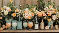 Romantic floral arrangement with peach and cream roses in vintage glass jars and bottles on wooden table, complemented by soft drinks in pastel colors for wedding celebration.
