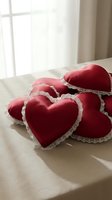 Red heart-shaped pillows with white lace trim arranged on bed in bright bedroom interior for romantic home decor and Valentine's Day celebration.