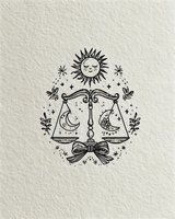Hand-drawn celestial balance scale with sun above and moon symbols in each pan, surrounded by stars and botanical elements on textured paper.