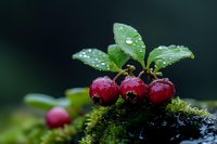 Fresh wild lingonberries with water drops on green leaves growing in forest moss, macro nature photography in dark moody style. Natural organic food concept.