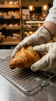 Baker in white chef's coat and linen gloves placing freshly baked golden croissant on cooling rack in artisan bakery with warm lighting and shelves of baked goods in background.