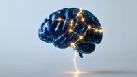 Glowing neural network inside dark blue brain with lightning connection to surface, representing artificial intelligence and brain activity on light background.