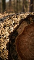 Close-up of weathered tree trunk cross-section showing natural wood grain rings and textured bark in warm sunlight for organic design projects.
