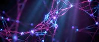 Abstract digital network with glowing purple and blue connections forming complex web structure against dark background for technology concepts.