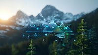 Futuristic holographic data visualization interface against majestic snow-capped mountain landscape at sunset, combining technology with nature.