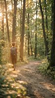 Young woman hiker with backpack walking on forest trail during golden hour sunlight filtering through trees for outdoor adventure and nature exploration.