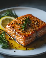 Grilled salmon fillet with rosemary herbs and lemon slice on white plate. Gourmet seafood dish with golden glaze and black pepper seasoning for restaurant menu.