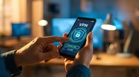 Hands holding smartphone with VPN security app interface showing shield icon and connection status in modern office workspace for cybersecurity protection.