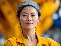 Young Asian woman wearing yellow raincoat and gray beanie smiling confidently at camera against blurred vibrant background, portraying strength and determination.