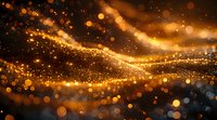 Magical golden particles flow in dark space creating abstract wave pattern with glowing bokeh lights and sparkles against black background.
