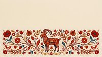 Ornamental llama surrounded by red flowers, leaves, and decorative scrollwork in folk art style, tiles seamlessly into single background.